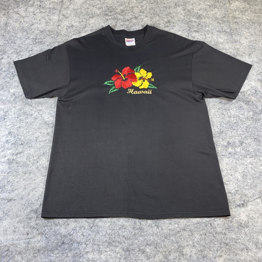 Vintage Hanes Heavyweight Single Stitch Hawaii T-Shirt Large Embroidered Floral